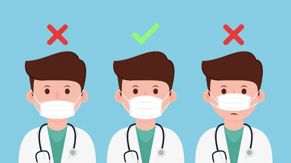 Ärzte Zeigen Wie Man Eine Schutzmaske Richtig Trägt Gesichtsmaskenvektor — Stockvektor