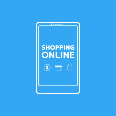 İnternetten alışveriş posteri. Duvar kağıdı. Metin için boş alan. Akıllı telefondan alışveriş.