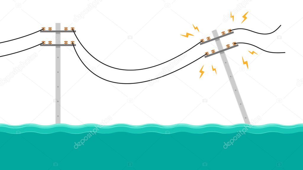 Electric poles flood. Broken electric pole vector. electric pole on white background.