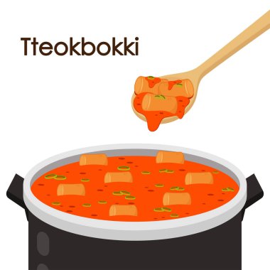 Tteokbokki Noodle vektörü. Tteokbokki Kore yemeğidir. Kaşıklı Tteokbokki. Beyaz arka planda Kore kupası. 