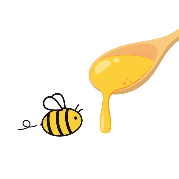 蜜蜂卡通人物设计 蜂蜜在木勺病媒 蜂蜜伸展 — 图库矢量图片