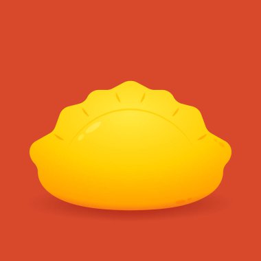 Gyoza vektörü. Kırmızı arka planda sıcak hamur tatlısı ve çubuklar. Dim Sum buğulama ya da restoran logosu için çörek illüstrasyonu. Japonlar için Asya gıda simgesi.