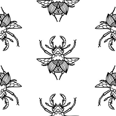 Vektör böcekler kusursuz desen oluştururlar. Böcekler, boynuzlu böcekler. Paketleme, tekstil, duvar kağıdı, kağıt baskısı için siyah ve beyaz grafik minimal tasarımı.