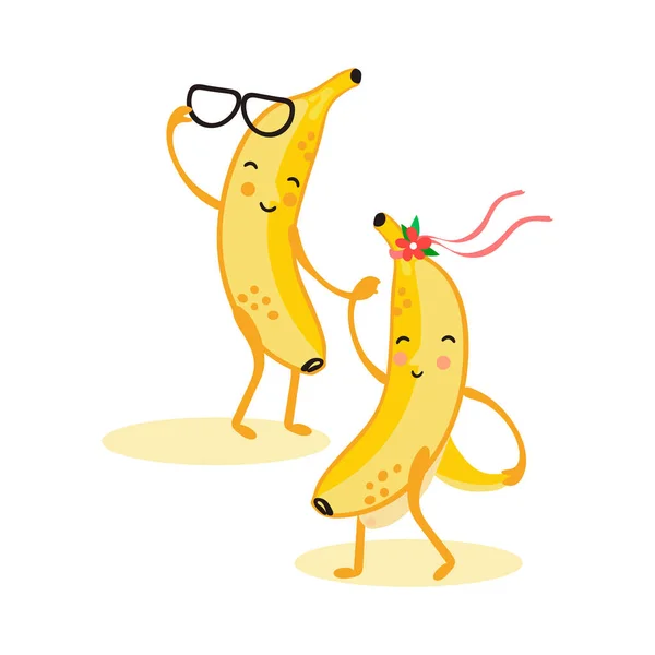 バナナ踊りのベクトルイラスト 面白い笑顔バナナの男の子と女の子 楽しい食べ物 — ストックベクタ