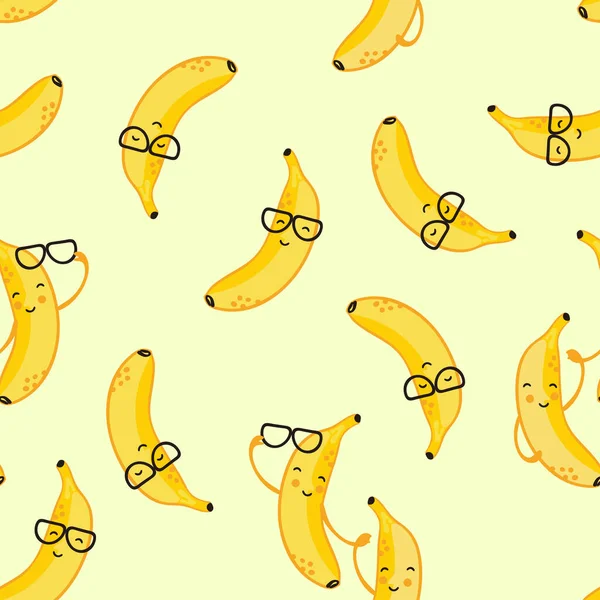 Vector Seamless Pattern Smiling Bananas Gentle Yellow Background Bananas Glasses — Stock Vector