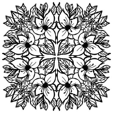 Vektör monokrom doodle mandala illüstrasyonu. Lily, çiçekler, bahçe, ev bitkileri. Boyama kitabı stres önleyici, meditasyon, rahatlama.