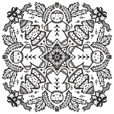 Vektör monokrom doodle mandala illüstrasyonu. Noel unsurları, Noel kurabiyeleri, zencefilli kurabiye adam. Dekorasyon, renklendirme, anti-stres kitabı.