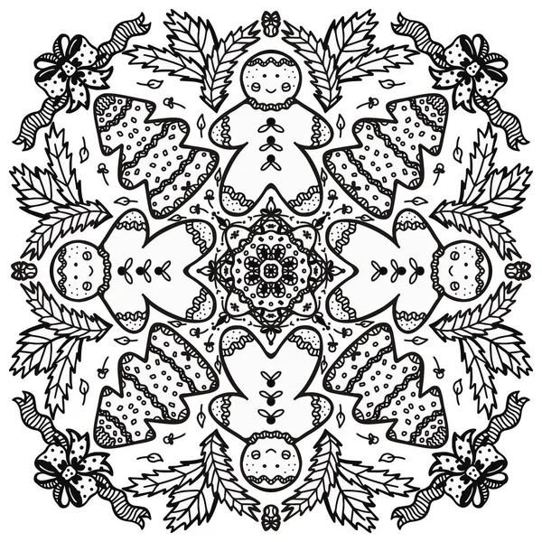 Vector Monochrome Doodle Mandala Illustratie Kerstelementen Kerstkoekjes Peperkoek Man Boek — Stockvector