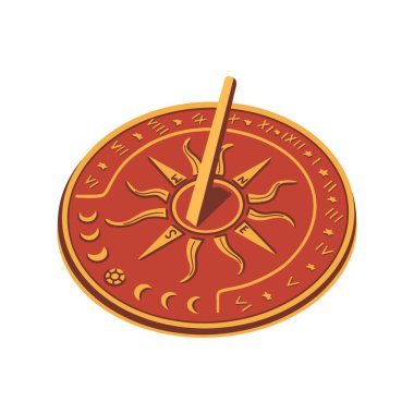 Vector illustration of a sundial. Object, logo, icon. Cartoon sun clock on a white background isolated. clipart