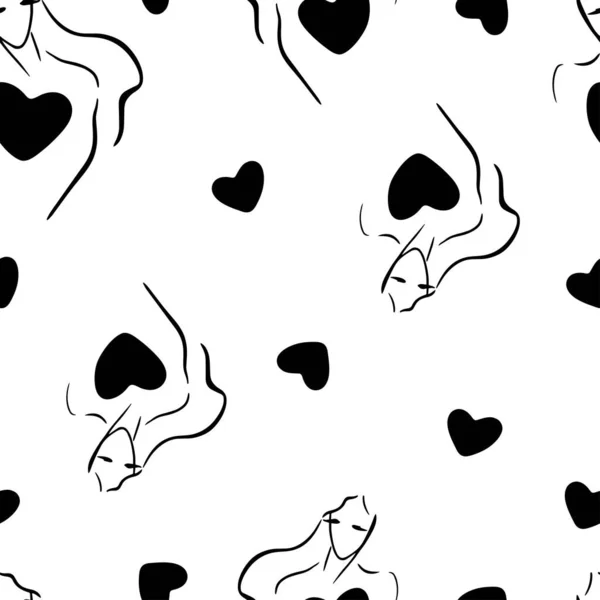 Patrón Sin Costura Vectorial Silueta Niñas Corazones Gráficos Blanco Negro — Vector de stock