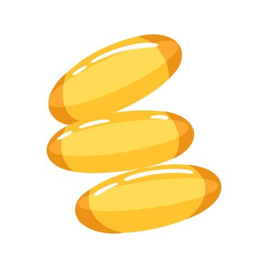Beyaz arka planda izole edilmiş hapların, kapsüllerin ve vitaminlerin vektör çizimi. Balık yağı, gıda takviyesi..