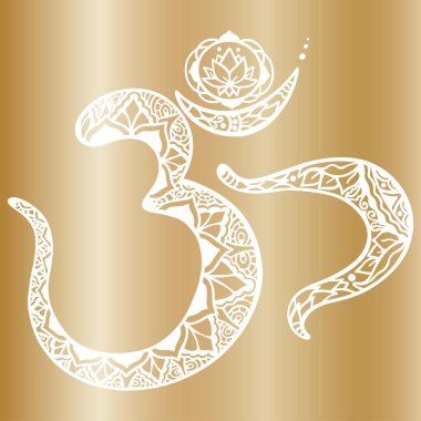 Altın bir arka planda om ohm aum sembolünün vektör çizimi. Yoga, meditasyon, rahatlama..