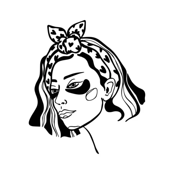 Vektorová Černobílá Ilustrace Dívčí Tváře Mladá Dívka Krásnými Vlasy Obvazem — Stockový vektor