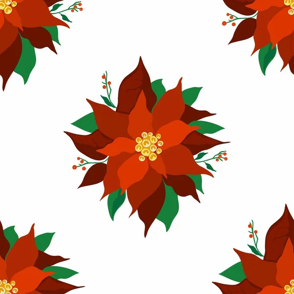 Векторный Бесшовный Рисунок Пуансетийного Растения Цветущая Пуансеттия Дизайн Рождественских Цветов — стоковый вектор