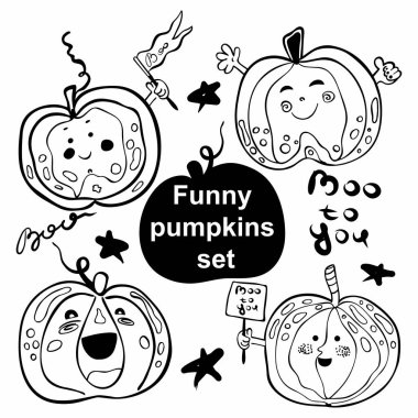 Siyah ve beyaz renkli komik balkabağı seti. Cadılar Bayramı, sonbahar tatilleri beyaz arka planda izole edilmiş gülümseyen balkabağı..