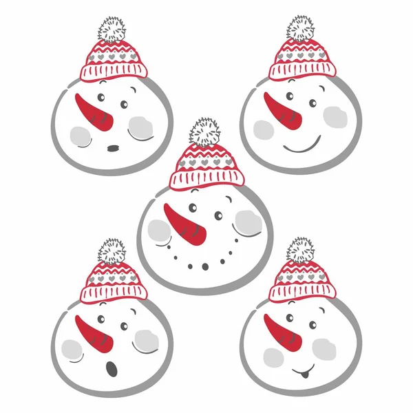 Conjunto Vectorial Muñeco Nieve Cabeza Sombreros Caras Con Diferentes Emociones — Vector de stock