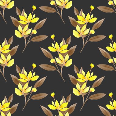 Siyah arkaplanda suluboya yapraklı sarı çiçek dalları olan pürüzsüz bir desen. Vektör illüstrasyonu.