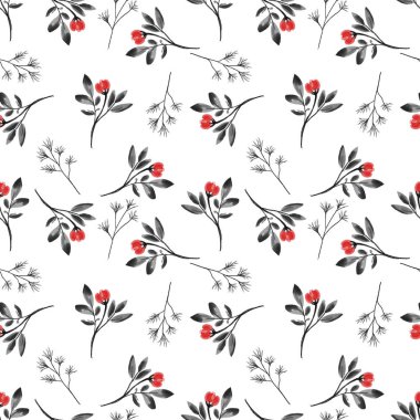 Beyaz arka planda suluboya şeklinde yaprakları olan küçük çiçek dalları olan pürüzsüz bir desen. Vektör illüstrasyonu.