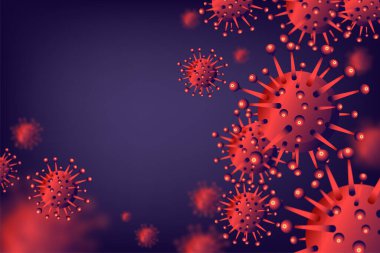 Virus background of Coronavirus (nCoV or COVID-19), Corona virus cell 3d realistic in red color on dark blue background with your copy space. Vector illustration clipart