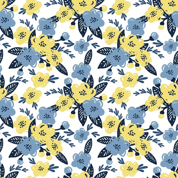 Cute Kwiatowy Bezszwowy Wzór Żółty Niebieski Kwiat Liści Białym Tle — Wektor stockowy