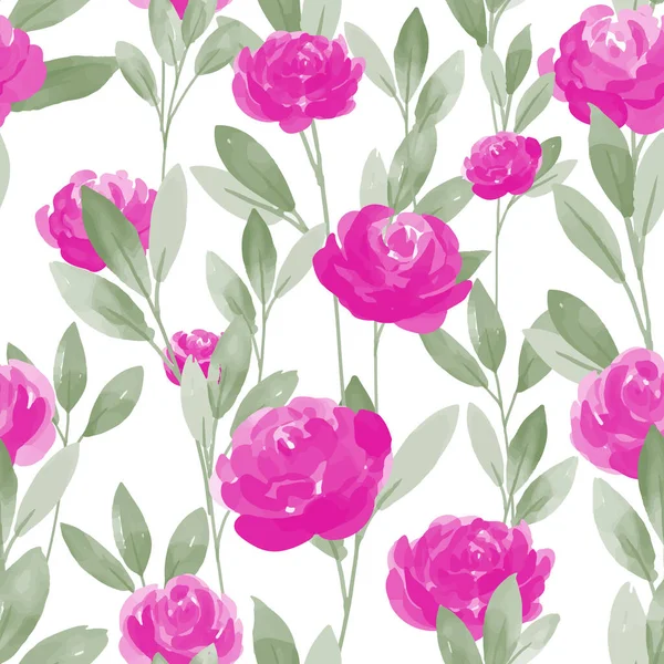 Nahtloses Muster Mit Rosa Rosenblütenzweigen Mit Blättern Auf Weißem Hintergrund — Stockvektor