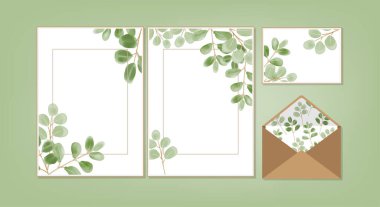 Düğün davetiyesi için çiçek arkaplan şablonu koleksiyonu, RSVP, teşekkürler etiketi Şirin çiçek suluboyalı tarih kartı tasarımını kaydet. Vektör illüstrasyonu.