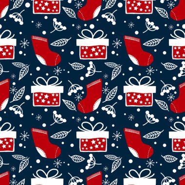 Kırmızı çorap, hediye kutusu, böğürtlen, yaprak ve kar tanelerinin Noel arkaplanı tebrik kartları, ambalaj kağıtları vb. Kutlama sezonu için vektör illüstrasyon tasarımı için kusursuz desen oluşturur..