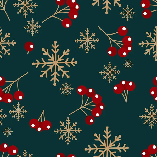 Christmas Holidays Season Seamless Pattern Cute Holly Berries Snowflakes Green — Stock Vector
