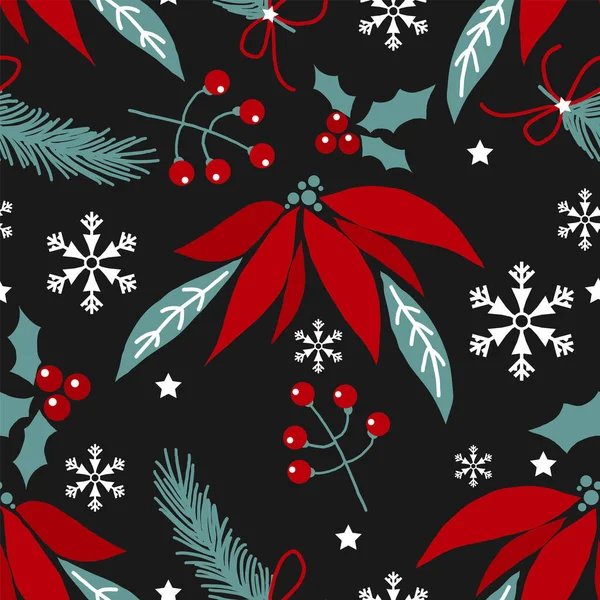 Vánoční Svátky Bezproblémové Vzory Vánočních Květin Borovice Stuhou Cesmíny Listy — Stockový vektor