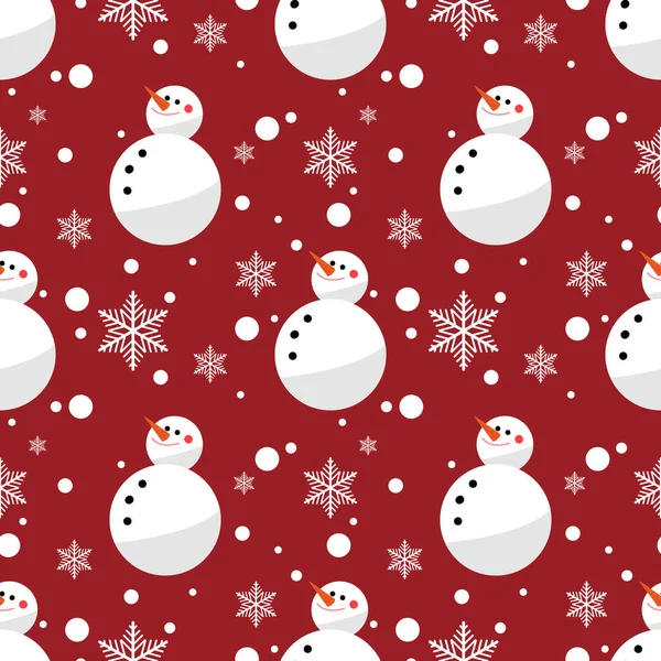 Vánoční Prázdniny Bezproblémové Vzor Roztomilé Sněhulák Sněhové Vločky Červeném Pozadí — Stockový vektor