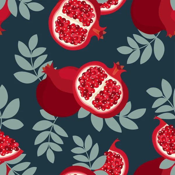 Cute Fruits Seamless Pattern Pomegranate Leaves Dark Color Background Vector Stock Vector