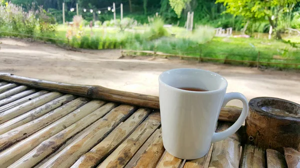 Hot Tea Cup Tea Bamboo Table Morning Breakfast Tea — Stock Photo, Image