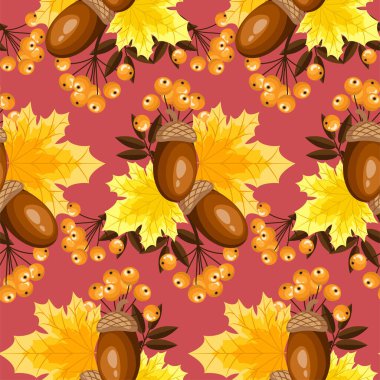 Sonbahar akçaağaç yapraklarının yaprakları böğürtlen ve meşe palamudu ile süslenir. Vektör illüstrasyonu. 