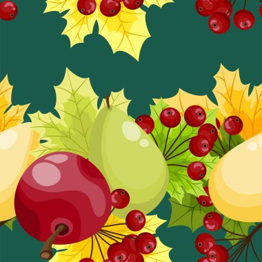 Yeşil arka planda elmalar, armutlar, akçaağaç yaprakları ve böğürtlenlerden oluşan sonbahar çiçekleri. Vektör illüstrasyonu.