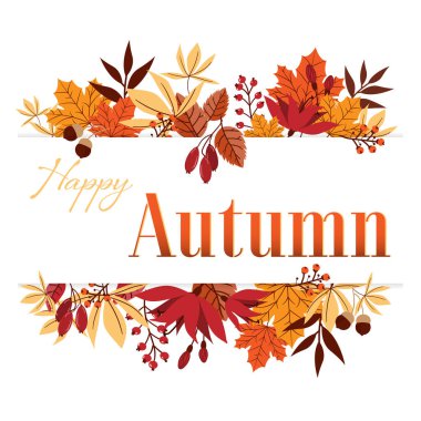 Sonbahar yaprakları, meşe palamudu ve böğürtlenler üzerine sonbahar afişi beyaz arka planda. Vektör illüstrasyonu. 