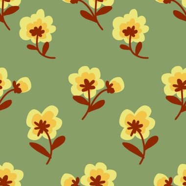 Sonbahar çiçekleri, yeşil arka planda karalama tarzında yaprakları olan küçük çiçeklerin pürüzsüz desenleri. Vektör illüstrasyonu.