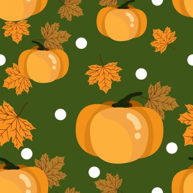 Sonbahar akçaağaç yapraklarının dikişsiz yaprakları, balkabakları ve yeşil arka planda beyaz nokta. Vektör illüstrasyonu.