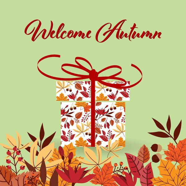 Autumn Banner Welcome Autumn Text Present Box Decorated Colorful Leaves — Stock Vector