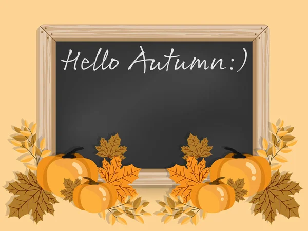 Herbst Hintergrund Von Hallo Herbst Text Auf Tafel Mit Herbstblättern — Stockvektor