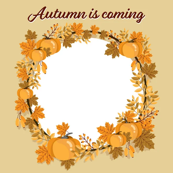 Autumn 'un sonbahar arkaplanı sonbahar yaprakları, böğürtlen ve balkabağı çerçeveli beyaz arka planda kopya alanınızla birlikte geliyor. Vektör illüstrasyonu. 