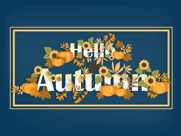 秋天背景的秋叶 向日葵和南瓜与蓝色背景相框相映成趣 矢量说明 — 图库矢量图片