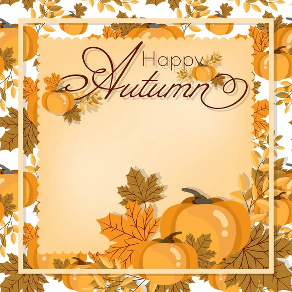 Herbst Hintergrund Mit Happy Autumn Text Mit Herbstblättern Und Kürbissen — Stockvektor