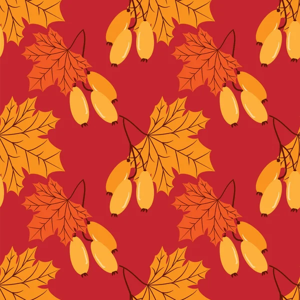 Őszi Virágos Zökkenőmentes Minta Őszi Levelek Bogyók Vörös Háttér Vektorillusztráció — Stock Vector