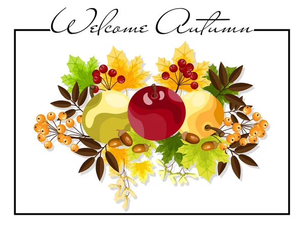 Herbst Hintergrund Mit Willkommen Herbst Text Mit Herbst Ahornblättern Äpfeln — Stockvektor