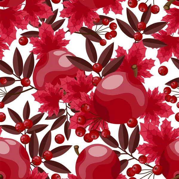 Herbst Florales Nahtloses Muster Aus Ahornblättern Roten Äpfeln Und Beeren — Stockvektor
