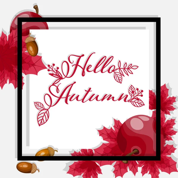 Herbst Hintergrund Mit Hallo Herbst Text Mit Ahornblättern Äpfeln Und — Stockvektor