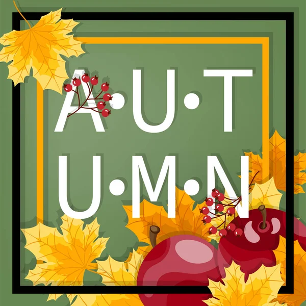 Herbst Hintergrund Des Autumn Text Auf Grünem Hintergrund Mit Ahornblättern — Stockvektor