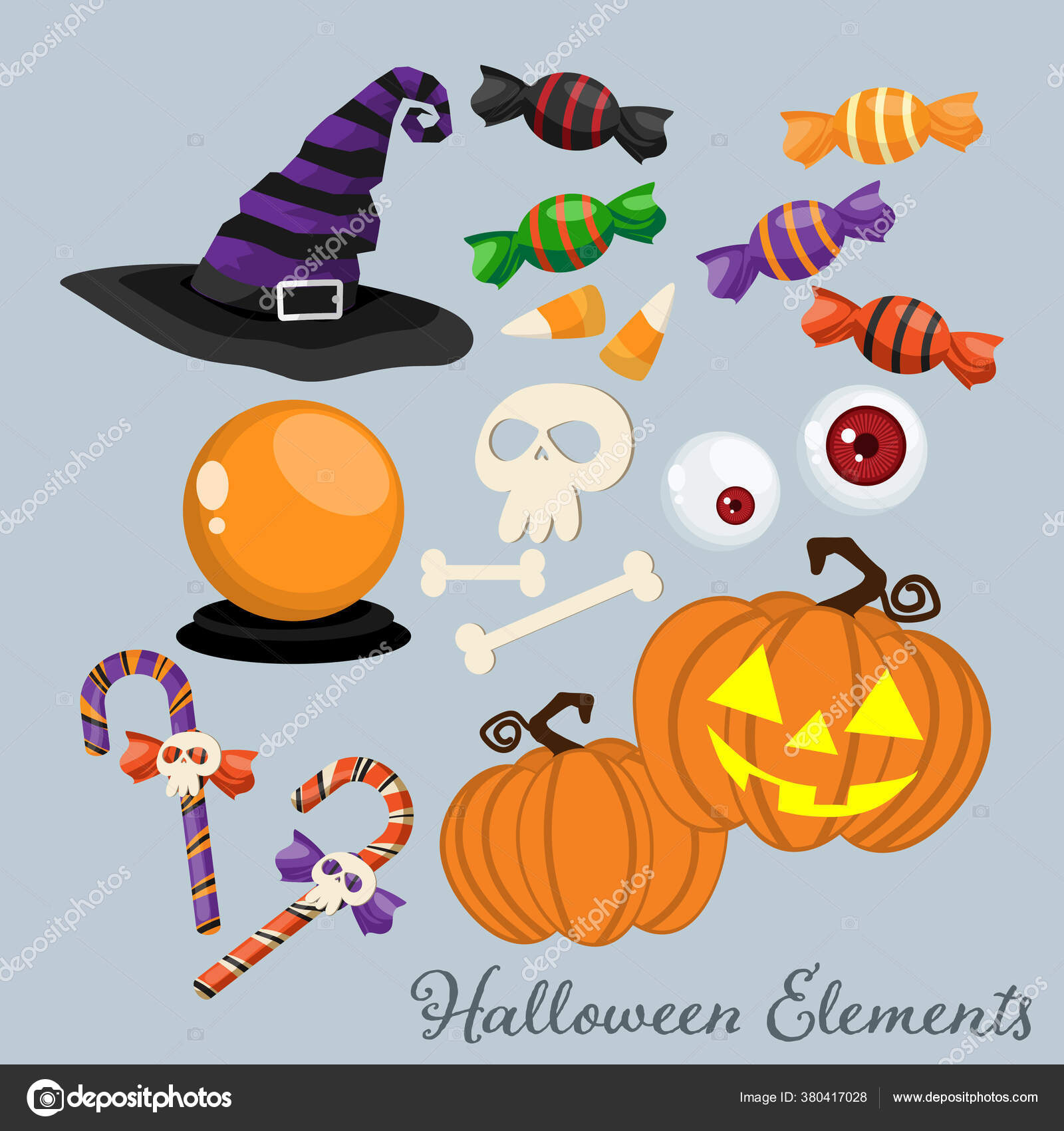 魔女の帽子 キャンディー 魔法のボール キャンディー杖 キャンディーコーン 骨のある頭蓋骨 目のボール  ハロウィーンのカボチャとハロウィーンの要素とシンボルのセット ベクターイラスト ストックベクター ©winezdolly@hotmail.com  380417028, image size:1600x1700