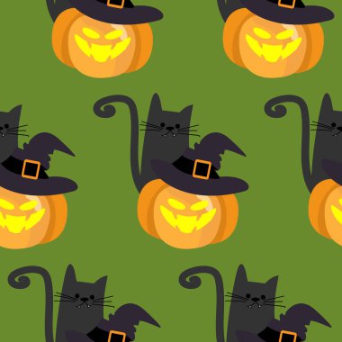 Cadılar Bayramı 'nda cadılar bayramı balkabağı desenli, cadılar şapkalı ve yeşil arka planda siyah kedili. Vektör illüstrasyonu.