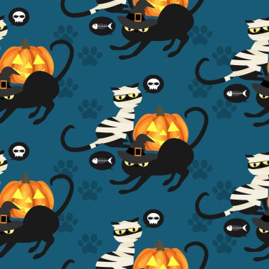 Halloween seamless pattern of mummy cat and black witch cats with skull, fish bone and footprints on blue background. Vector illustration.  clipart
